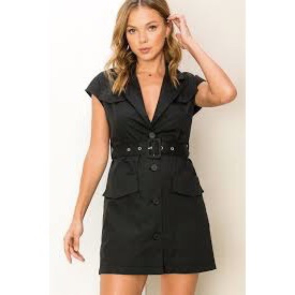 NWOT HYFVE BLACK Button-Front Belted Mini Shirt Dress sz L